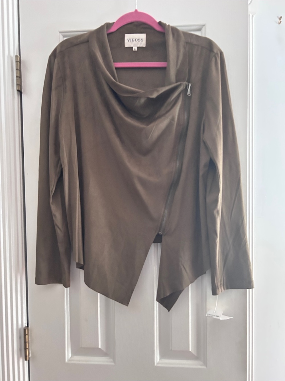 Vigoss Olive Asymmetrical Zip Draped Jacket